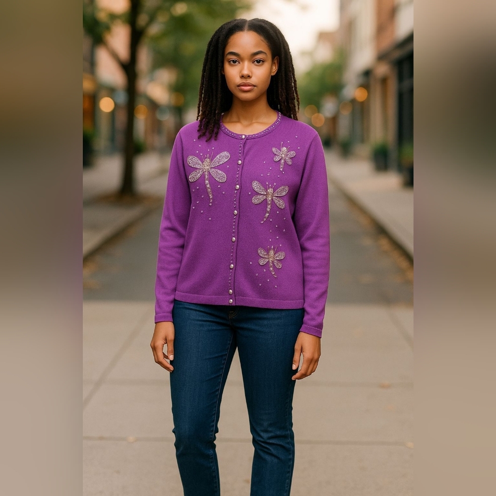 Bob Mackie Purple Cardigan with Dragonfly Beaded Accents